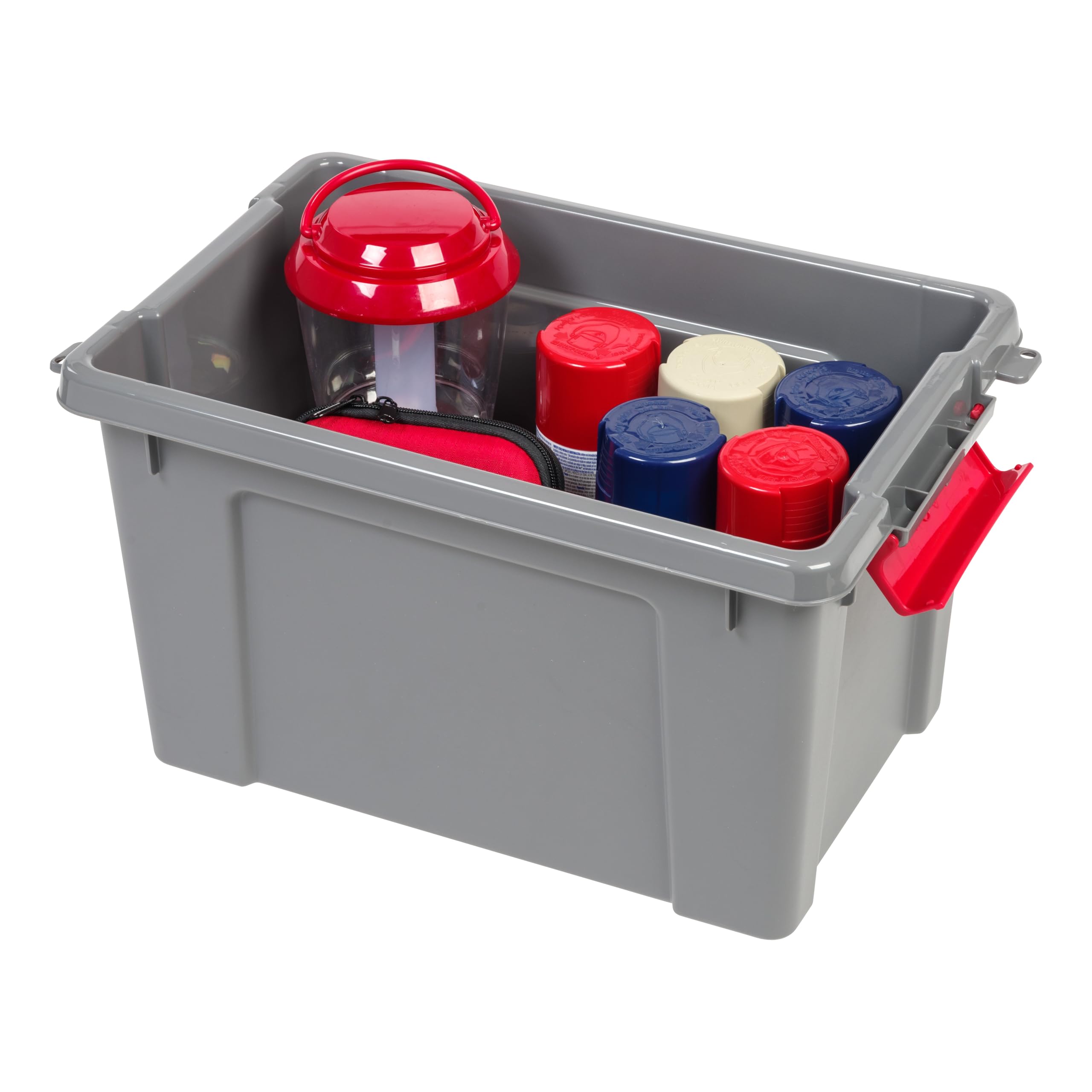 IRIS USA tote next to hand showing scale and portable, stackable storage advantage