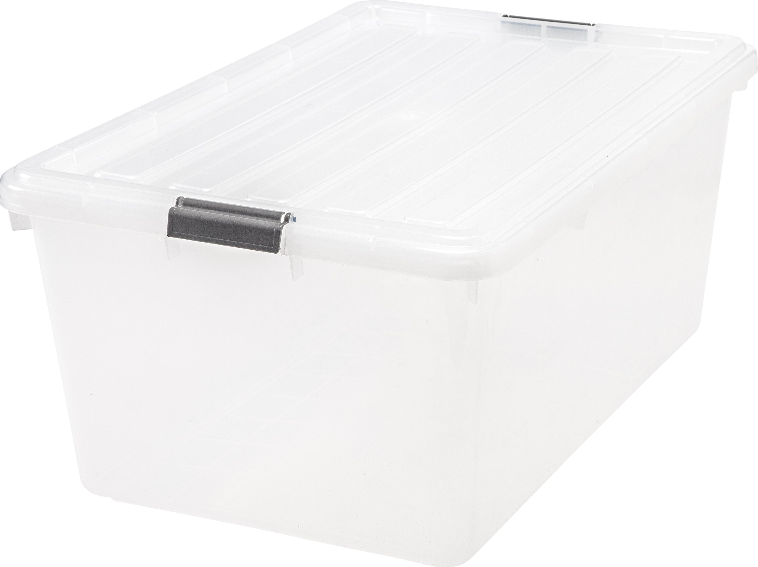 IRIS USA front view of 68 qt bin showing clear walls and lid for quick recognition