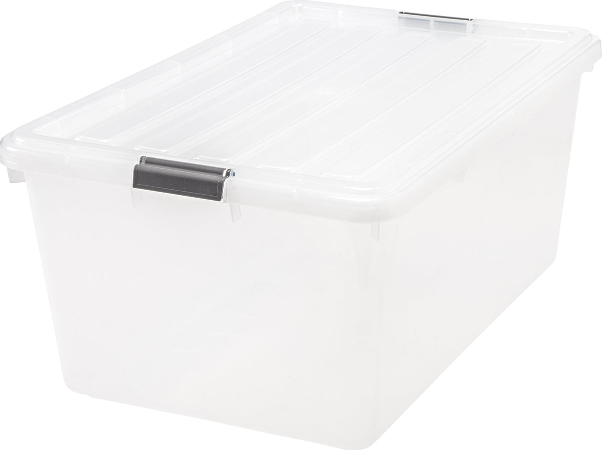 IRIS USA front view of 68 qt bin showing clear walls and lid for quick recognition
