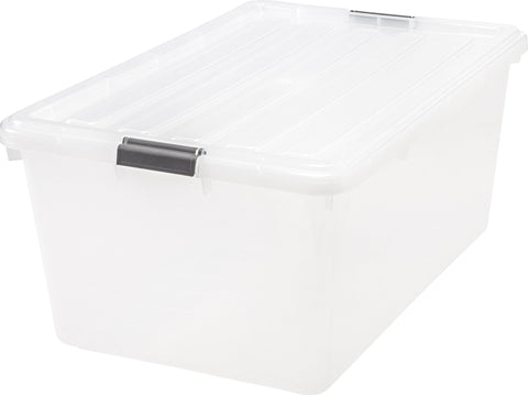 IRIS USA front view of 68 qt bin showing clear walls and lid for quick recognition
