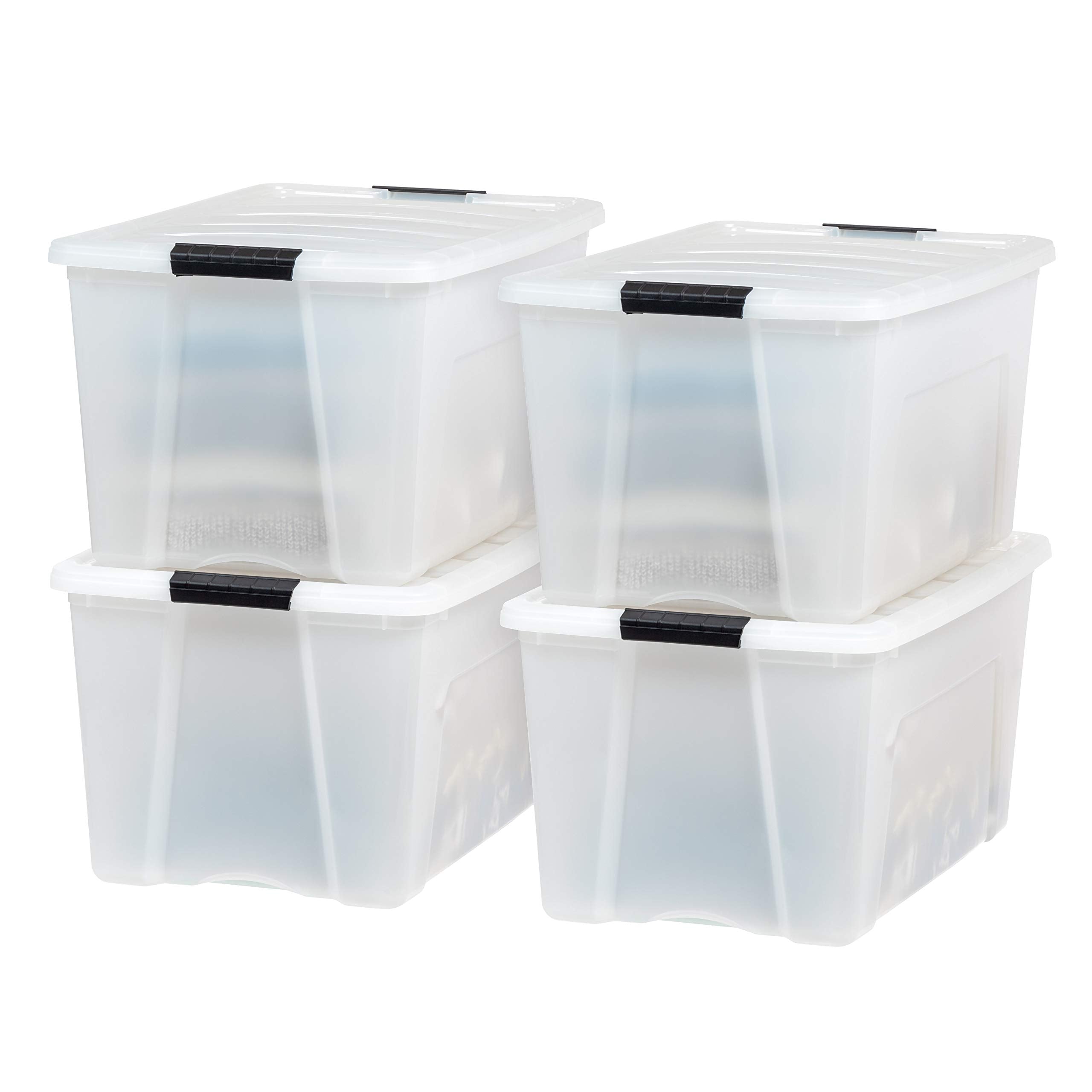 IRIS USA front view of pearl 72 quart bin showing clean storage benefit