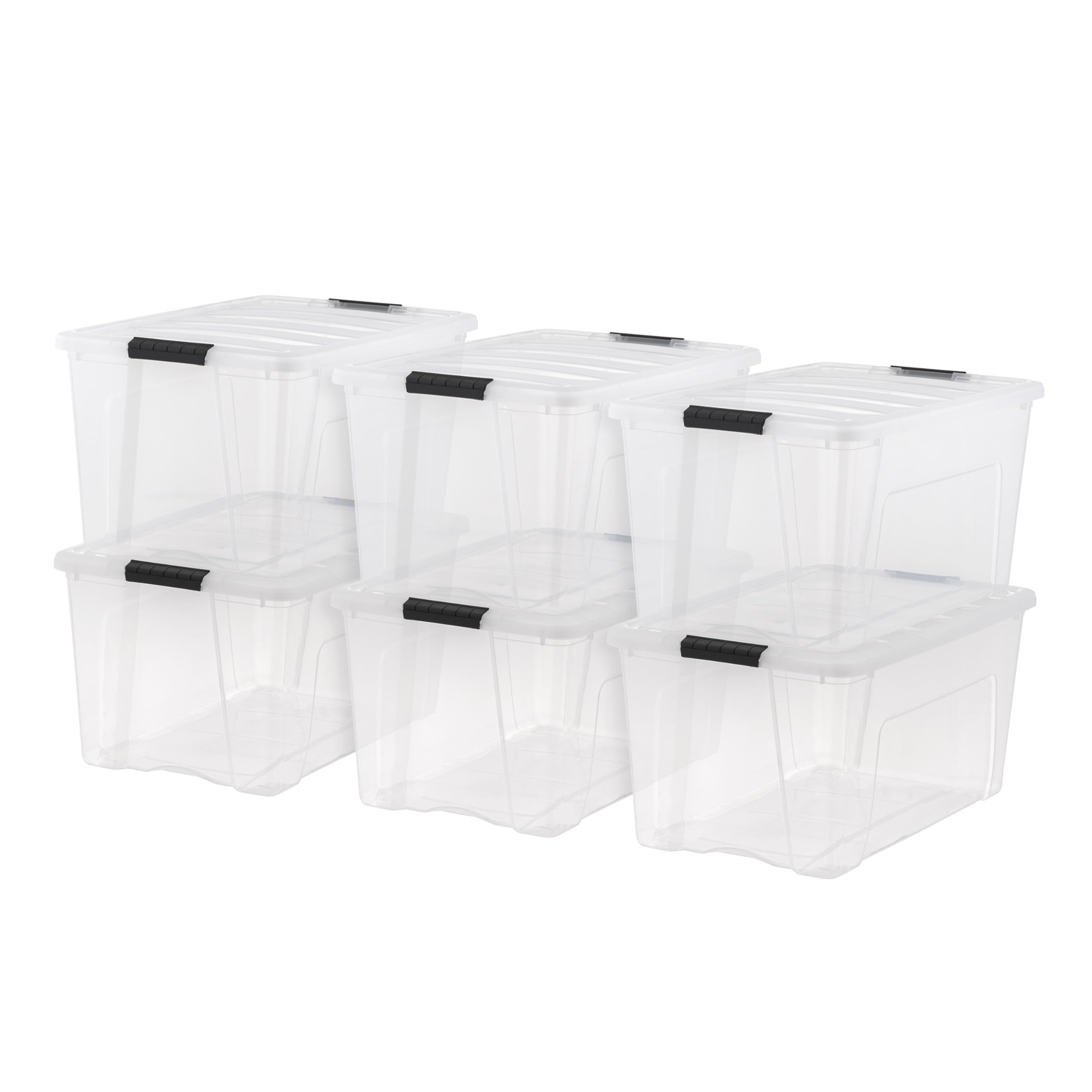 IRIS USA front view of clear 72 quart bin showing organized contents and quick identification