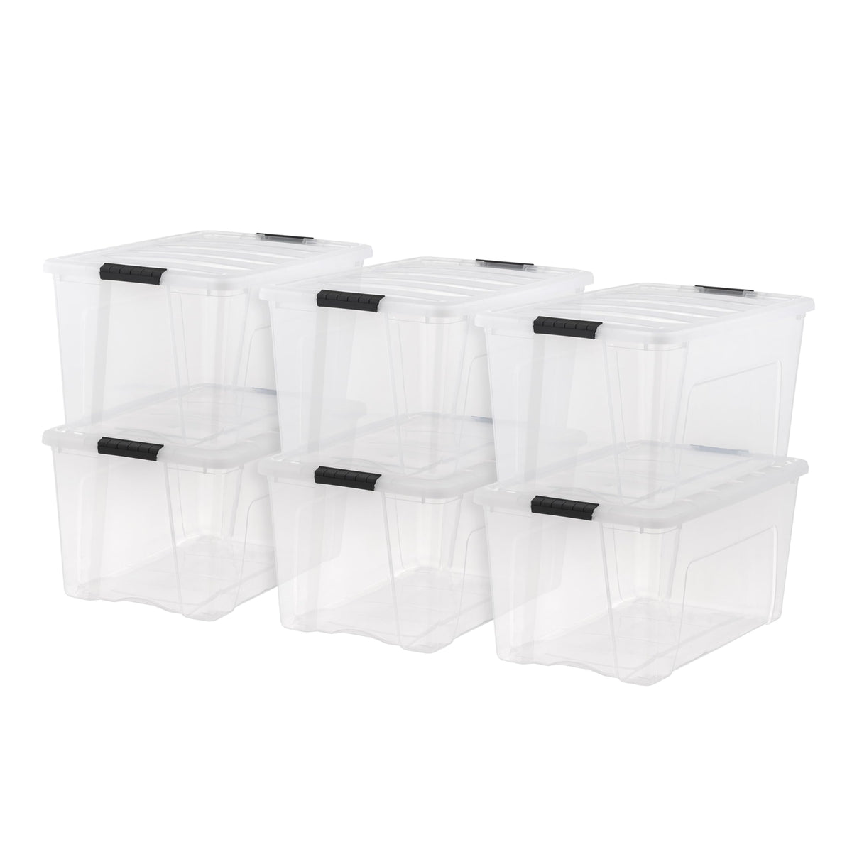 IRIS USA front view of clear 72 quart bin showing organized contents and quick identification