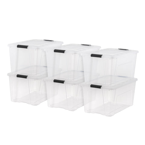 IRIS USA front view of clear 72 quart bin showing organized contents and quick identification