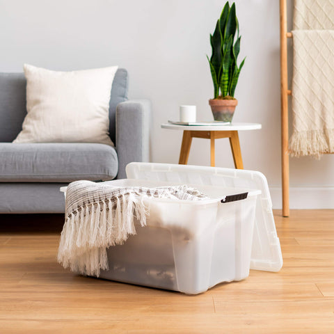 IRIS USA stacked bins in closet maximizing vertical space efficiently