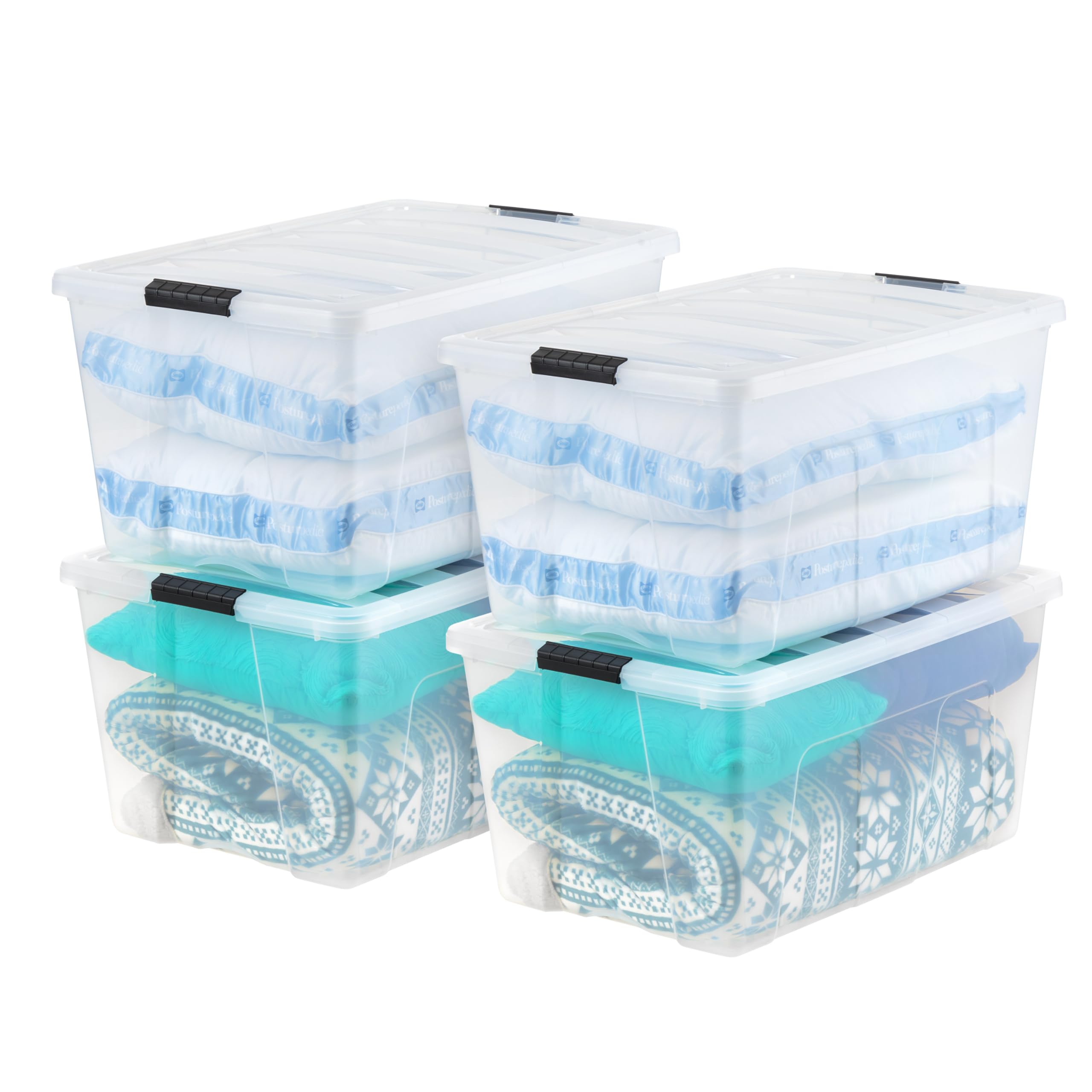 IRIS USA 94-quart front packaging showing clear tote and lid, easy identification benefit