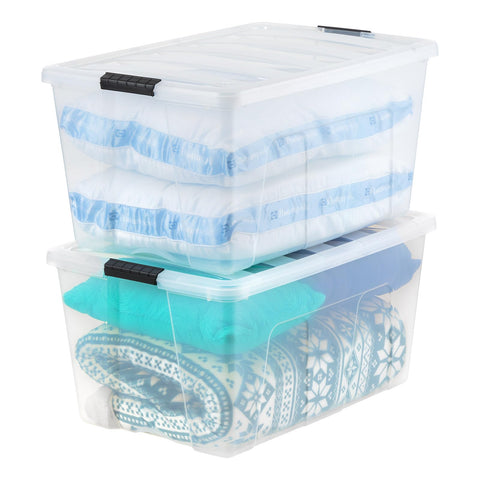 IRIS USA front view of two clear 94 quart bins showing capacity and visibility