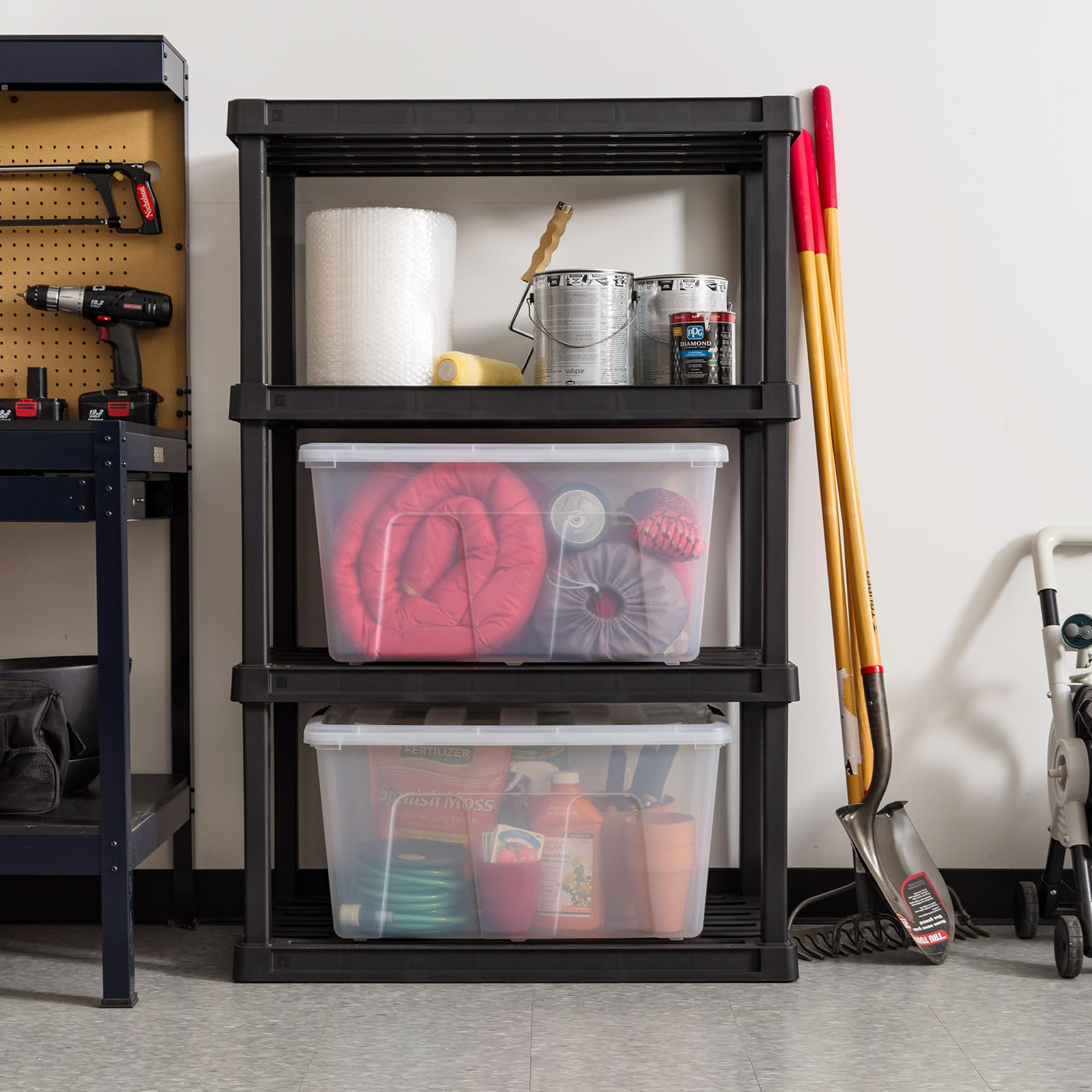 IRIS USA bins in a closet organizing seasonal clothes for quick access