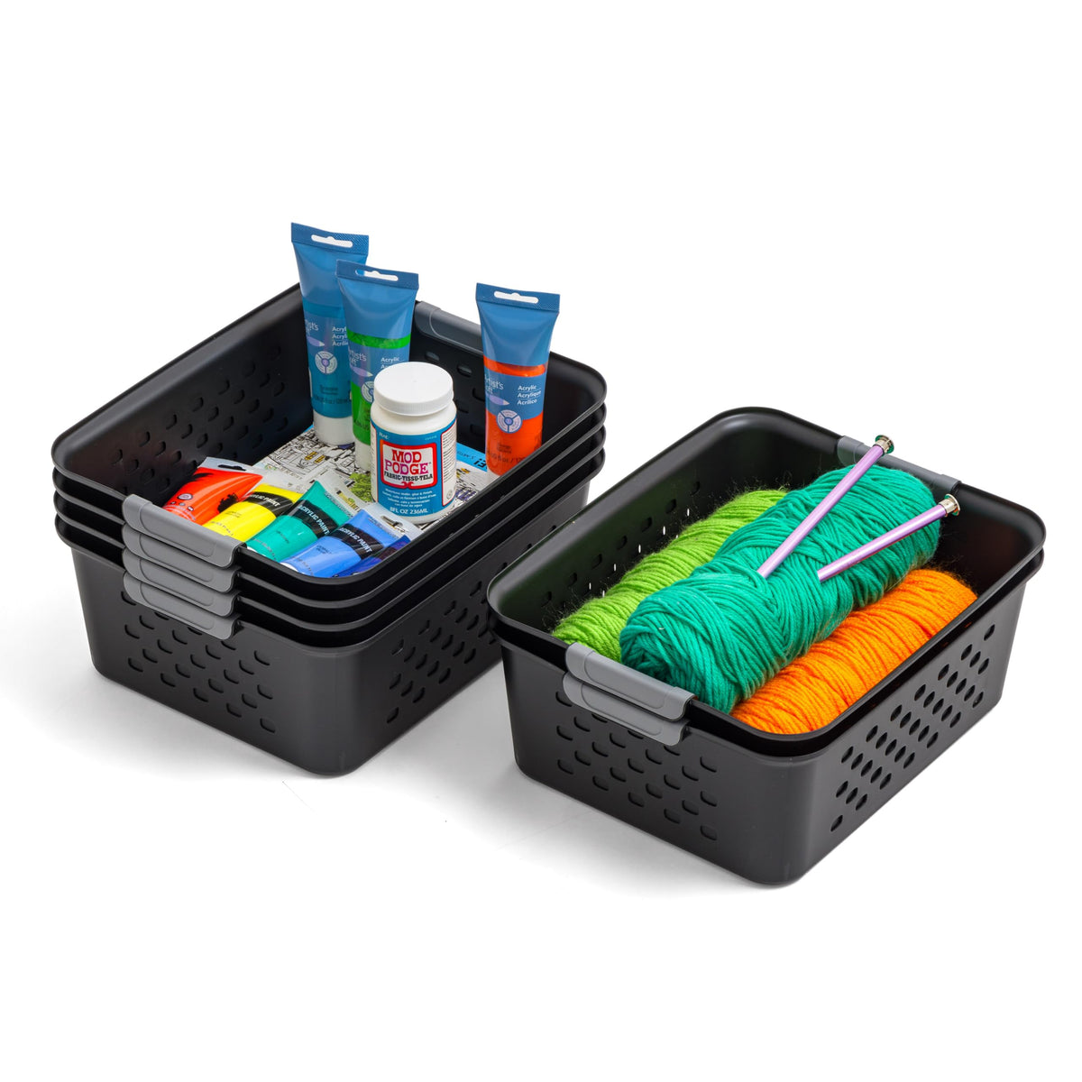 IRIS USA front view of six black baskets showing shape and handles for easy storage
