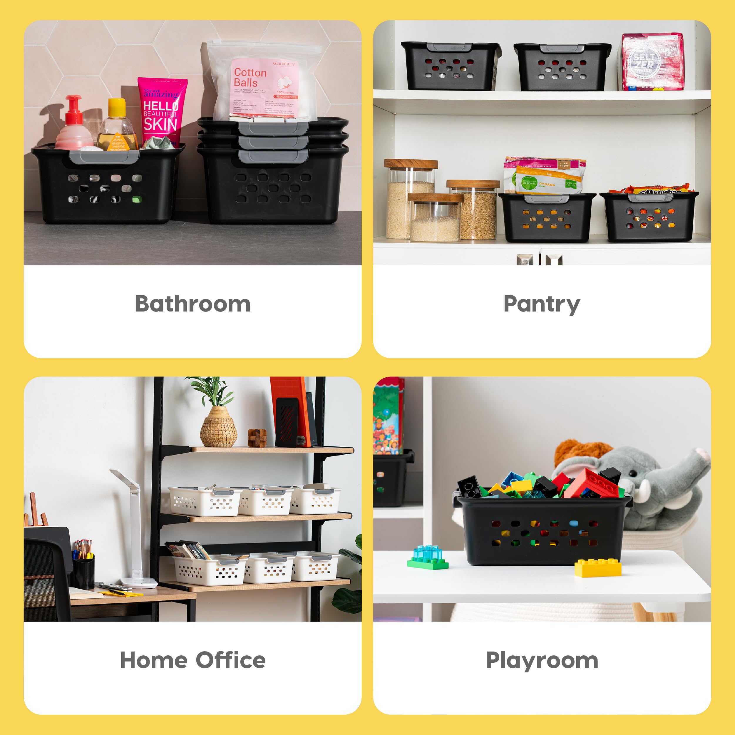IRIS USA basket in pantry holding snacks and cans for organized food storage