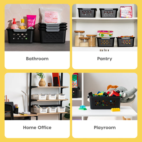 IRIS USA basket in pantry holding snacks and cans for organized food storage