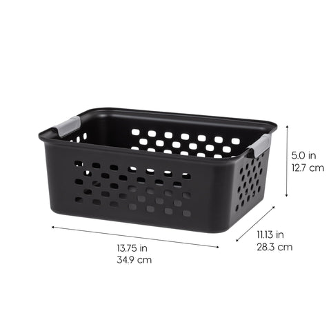 IRIS USA basket on desk containing office supplies to keep workspace tidy