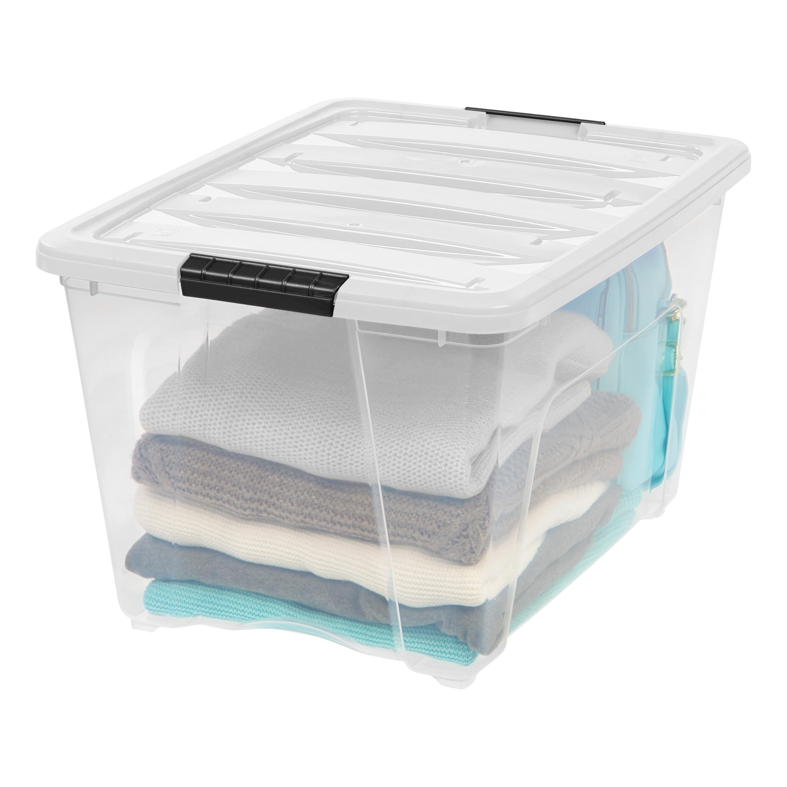 IRIS USA bin placed on closet shelf showing organized storage and easy access