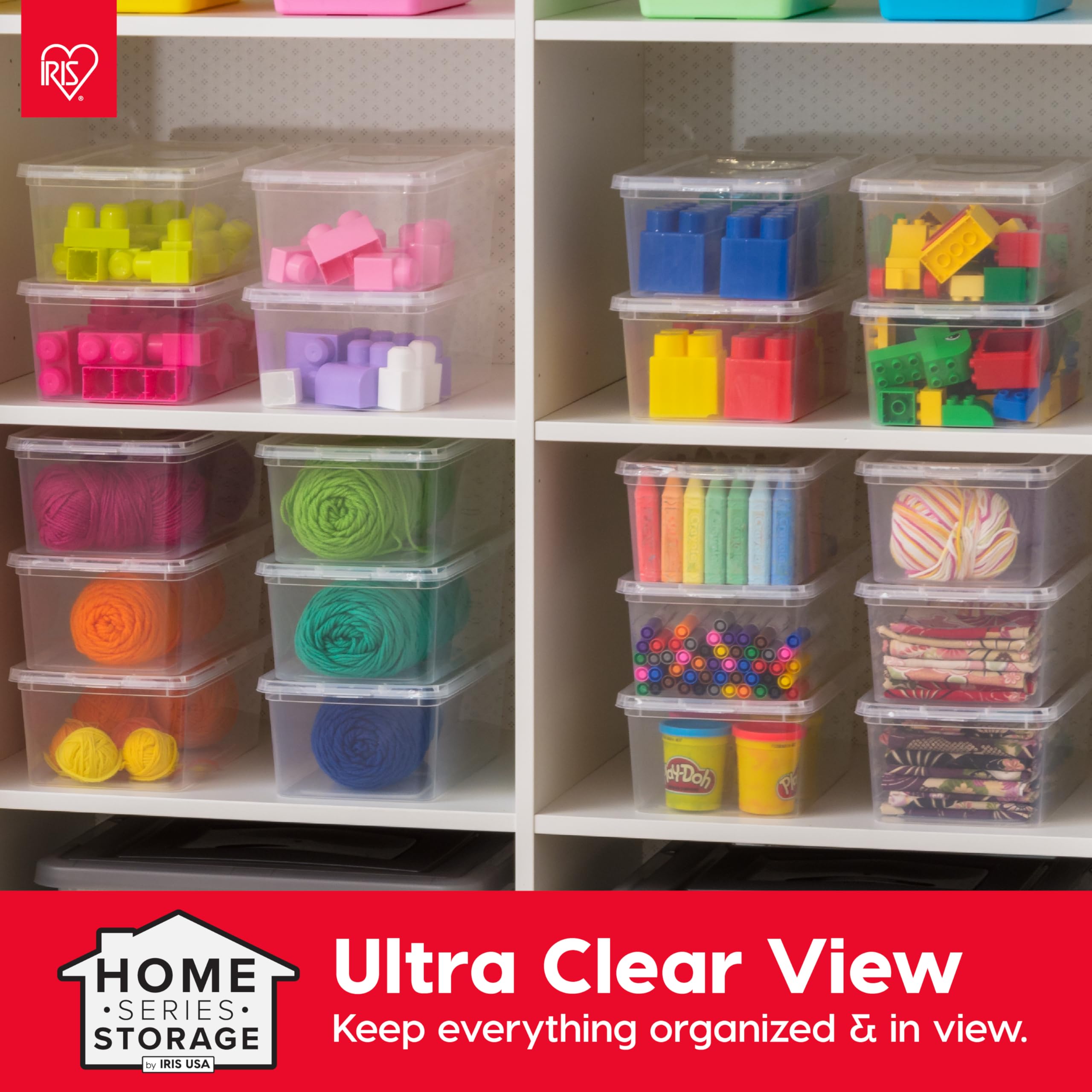 IRIS USA bins arranged on a shelf for fast access and neat storage