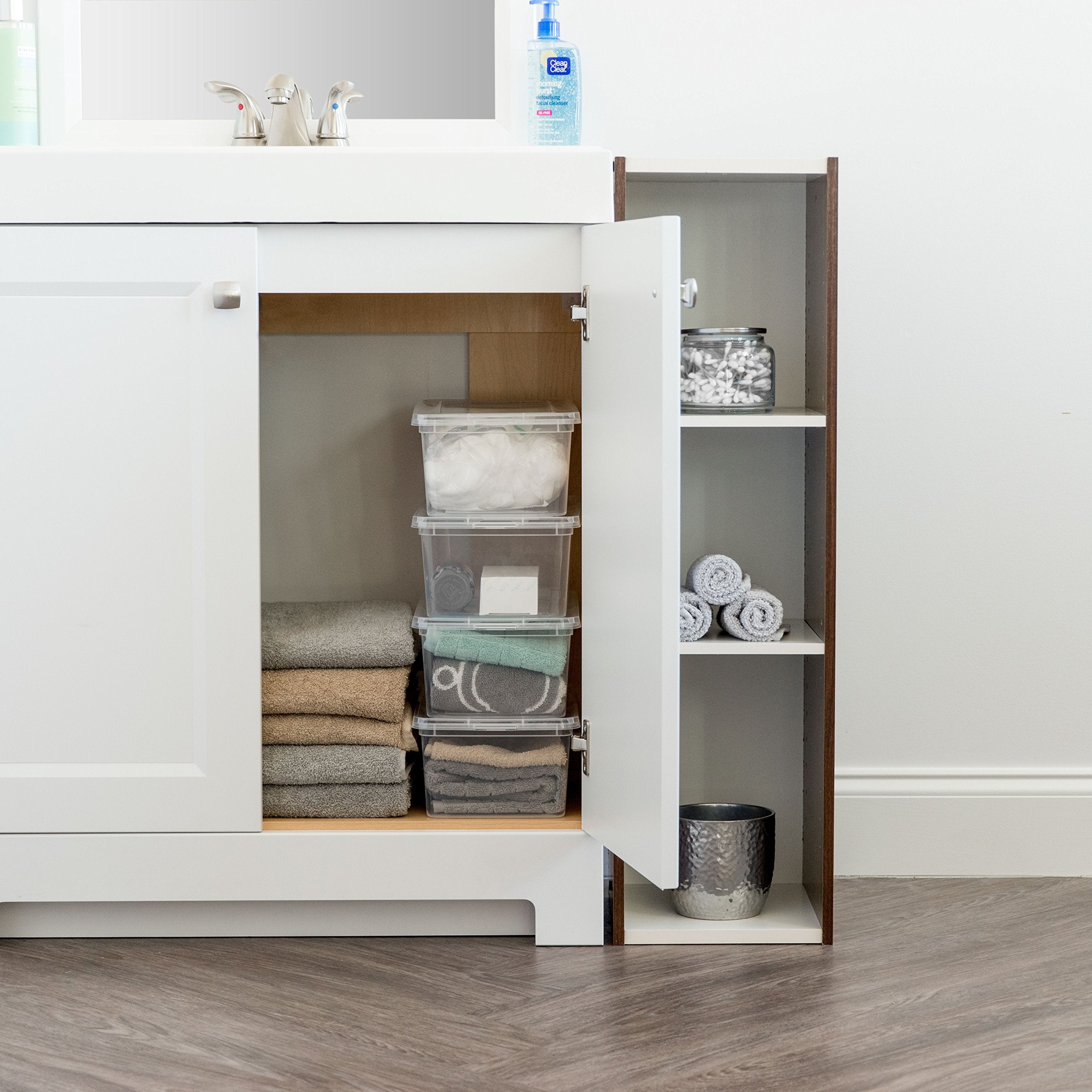 IRIS USA bins in a closet lifestyle scene improving home organization