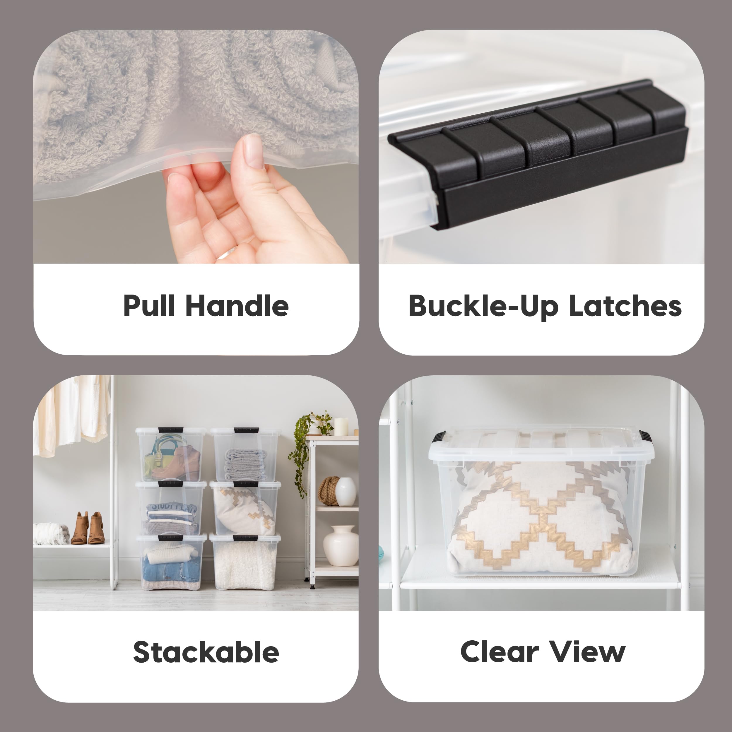 IRIS USA bottom edge pull handle detail for easy shelf retrieval