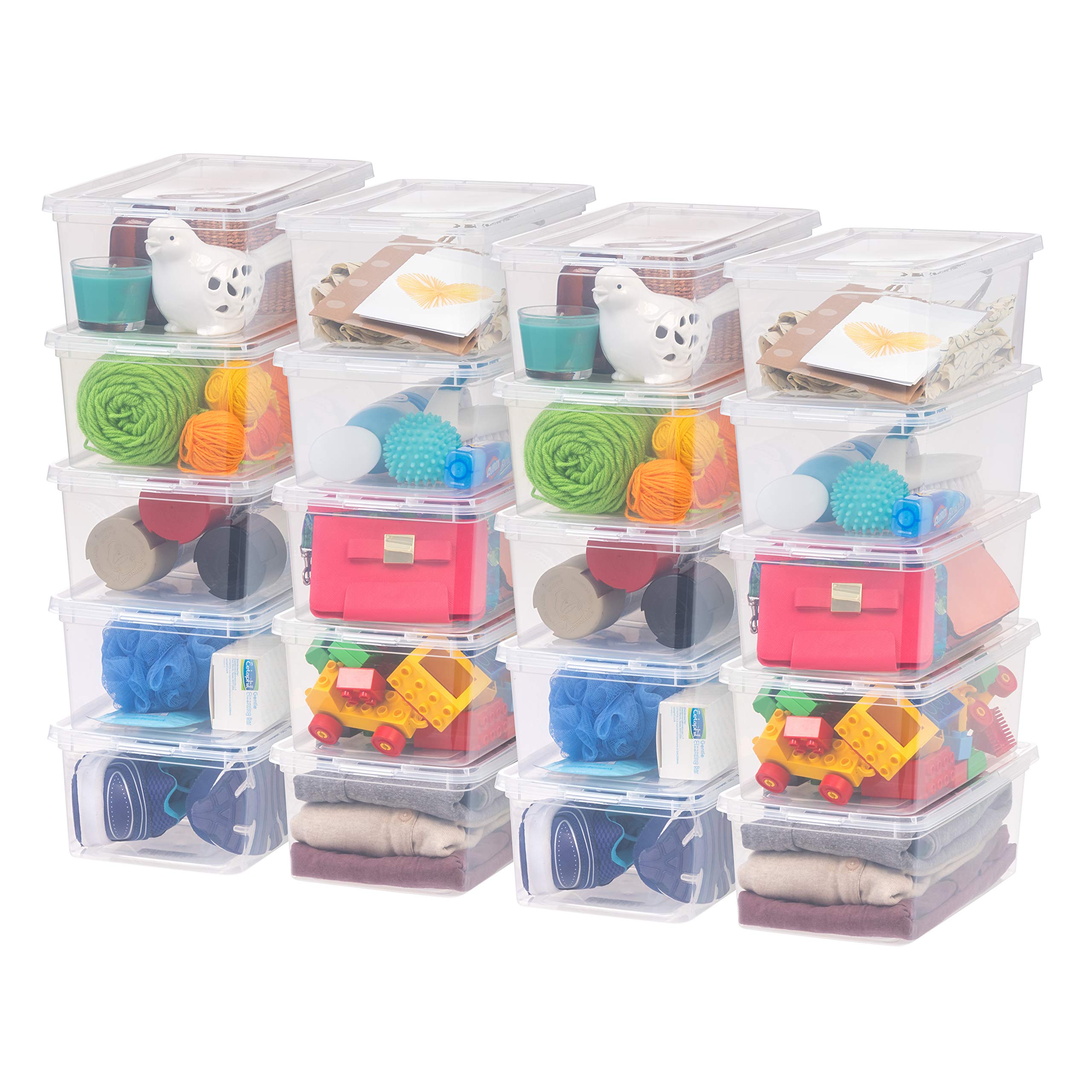 IRIS USA clear bin front packaging showing stackable set and visibility benefits