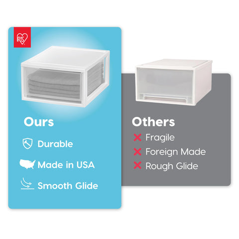 IRIS USA clear drawer filled with folded clothes for quick visual organization