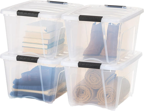 IRIS USA front view of four clear 32-quart bins showing visibility and capacity
