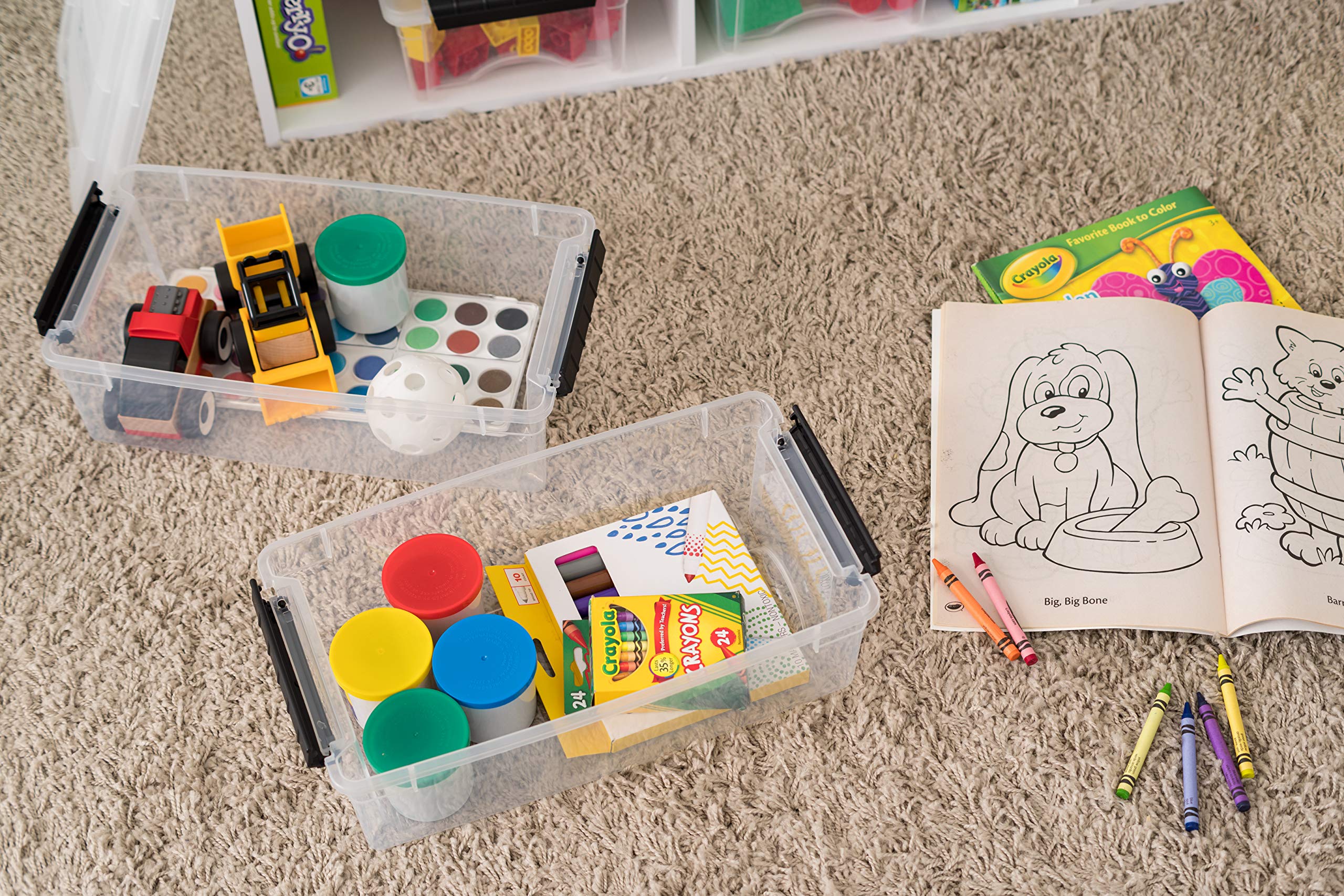 IRIS USA bin filled with craft supplies showing quick content visibility benefit