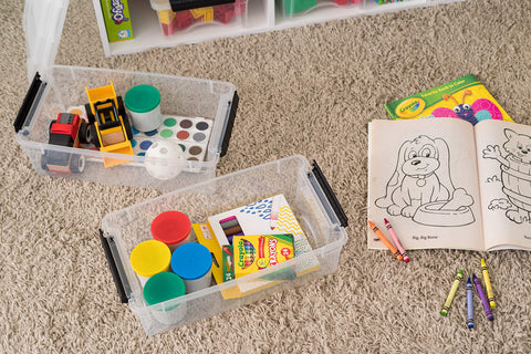 IRIS USA bin filled with craft supplies showing quick content visibility benefit