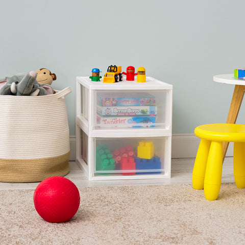 IRIS USA drawers next to tape measure illustrating dimensions and scale for fit