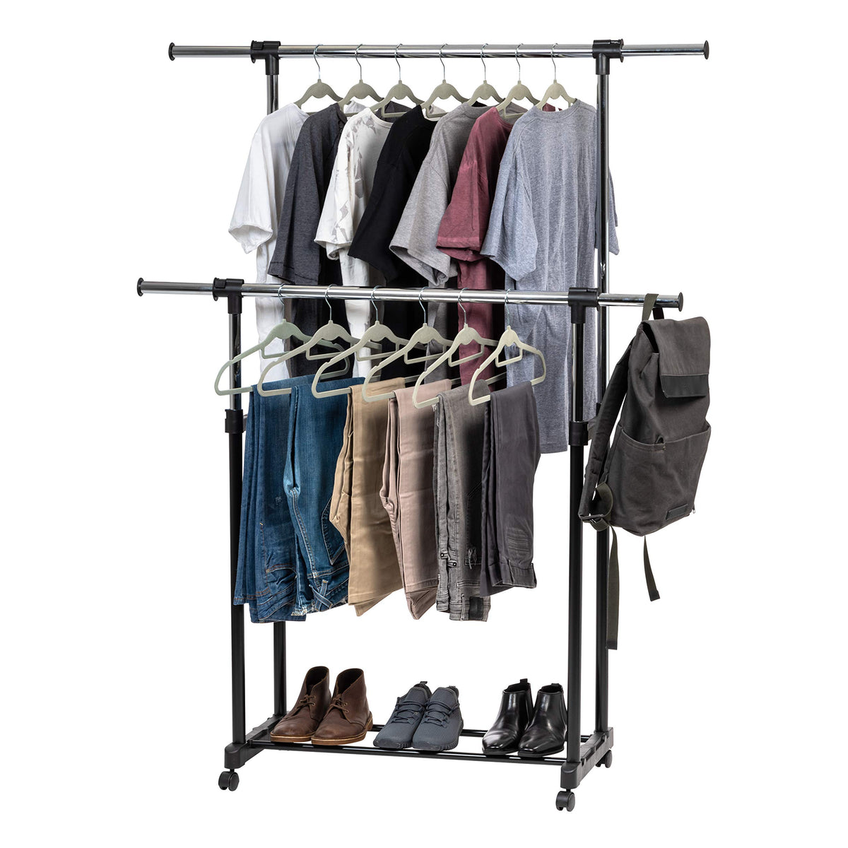 IRIS USA front view of double-rod rack showing organized hanging space and quick access