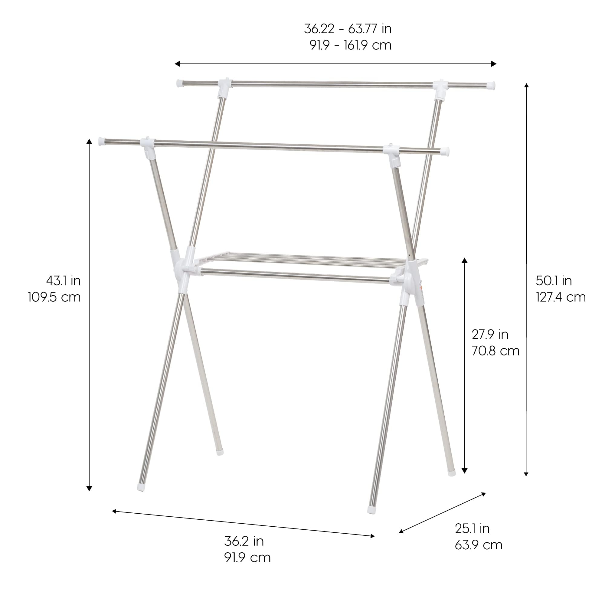 IRIS USA drying rack with extendable rods pulled out to maximize hanging space