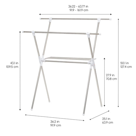IRIS USA drying rack with extendable rods pulled out to maximize hanging space