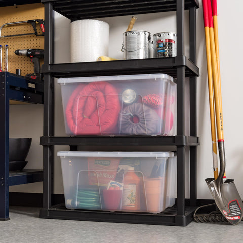 IRIS USA bin filled with blankets showing roomy capacity for bulky items benefit