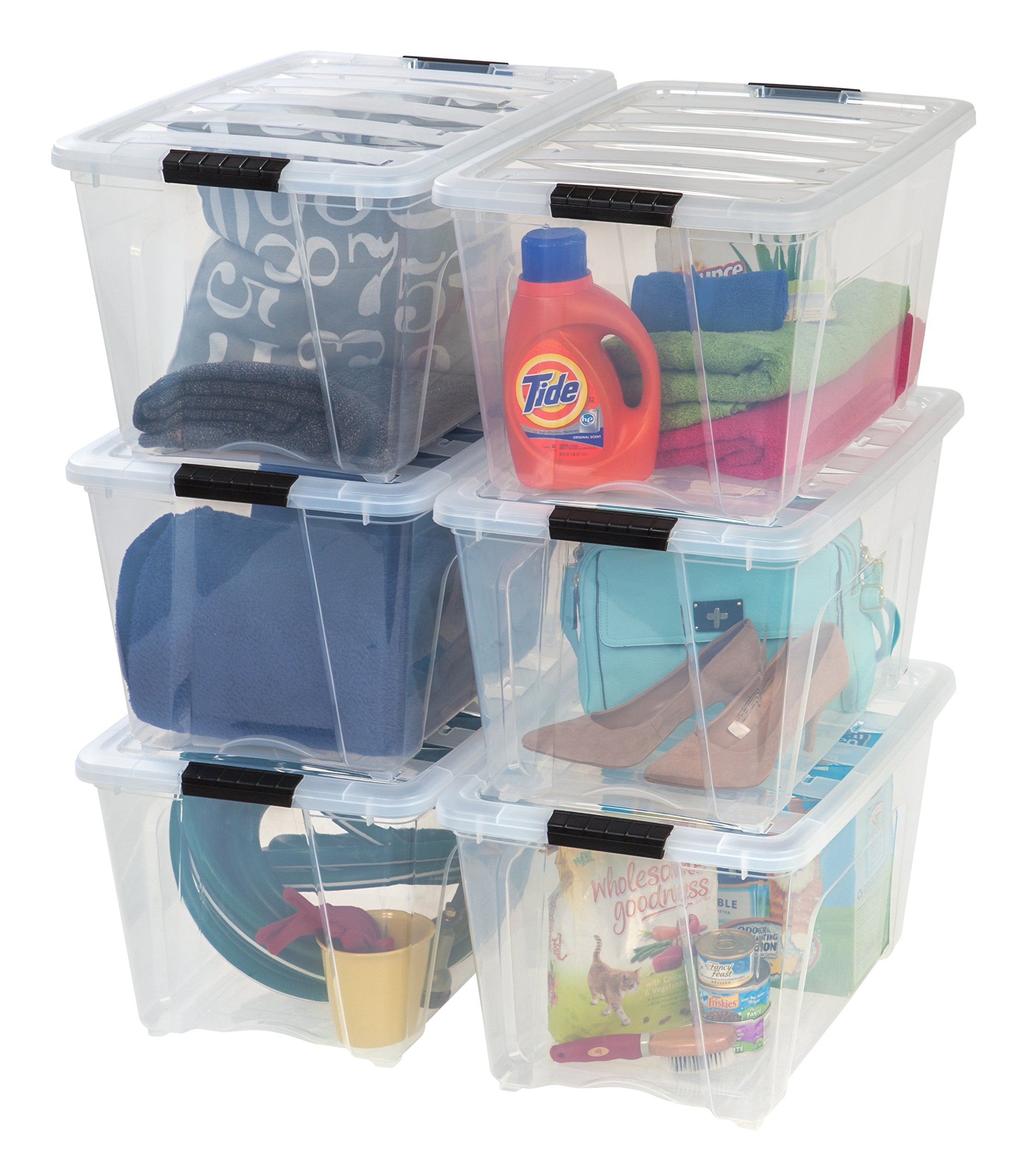 IRIS USA front-facing 6-pack showing clear bins and lids for visible organization