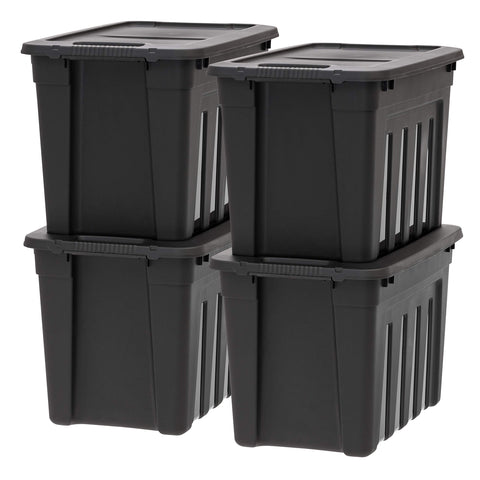 IRIS USA front view of 4-pack totes showing stackable organization benefit