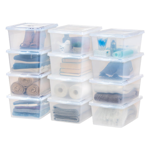 IRIS USA front view of 12-pack clear bins showing neat storage benefit