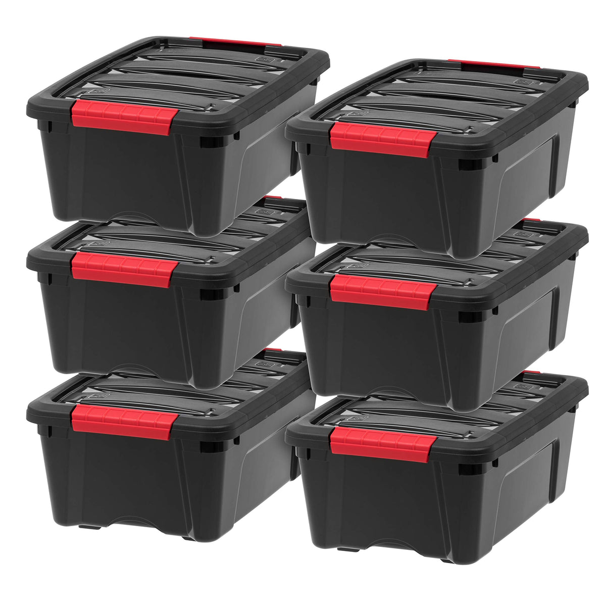 IRIS USA front view of six black 13-quart bins showcasing compact organized storage