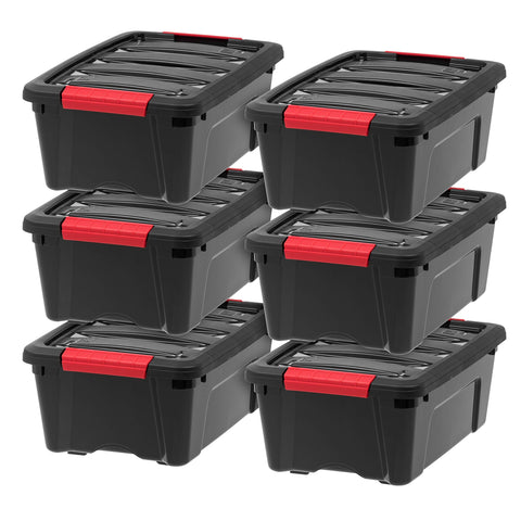 IRIS USA front view of six black 13-quart bins showcasing compact organized storage