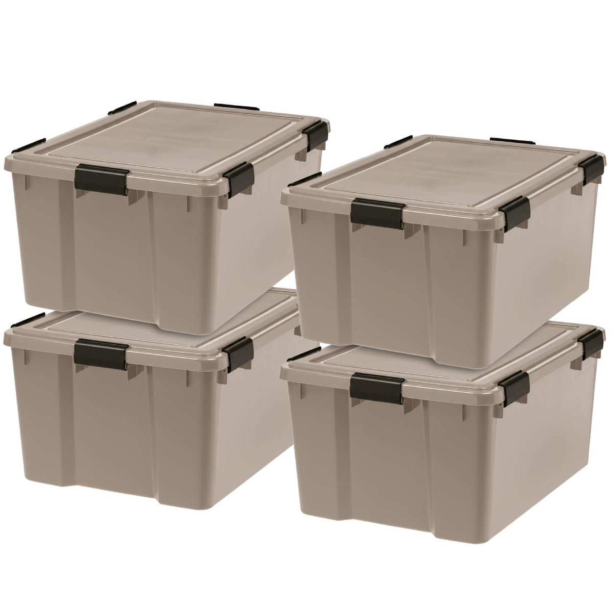 IRIS USA tan front-packaging 63 qt bins showing set benefits