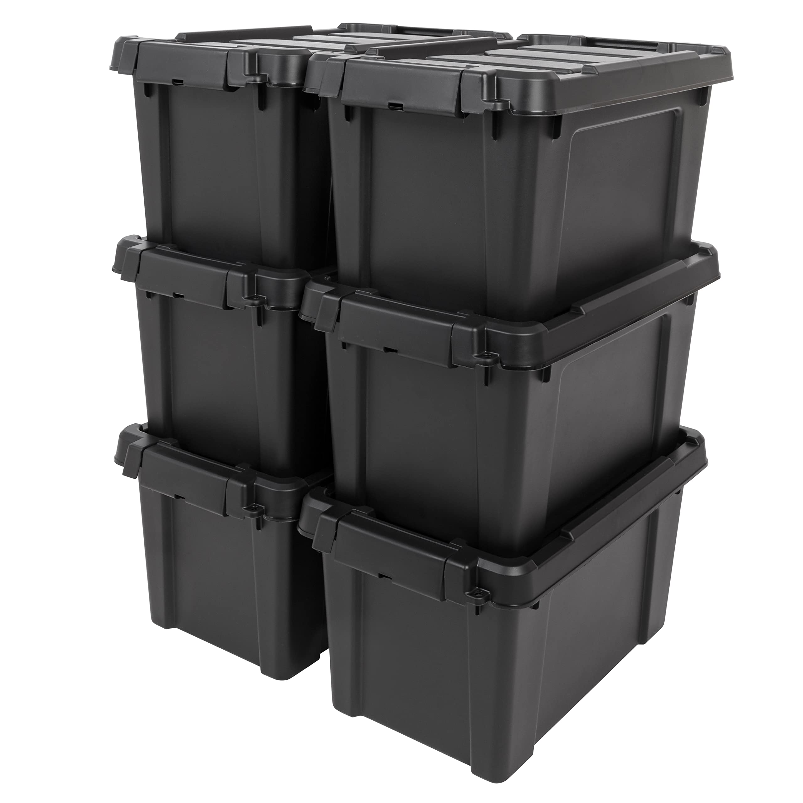IRIS USA front view of 6-pack black totes showing compact storage and durable construction