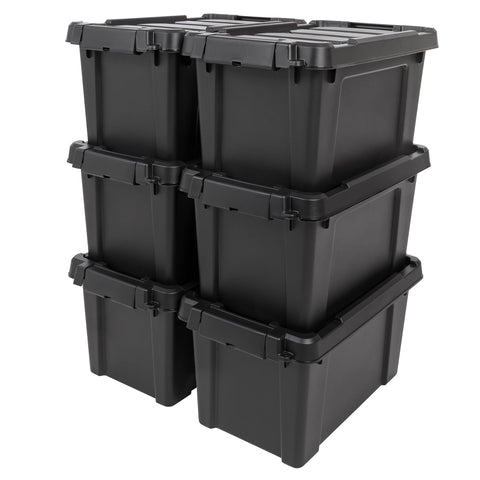 IRIS USA front view of 6-pack black totes showing compact storage and durable construction