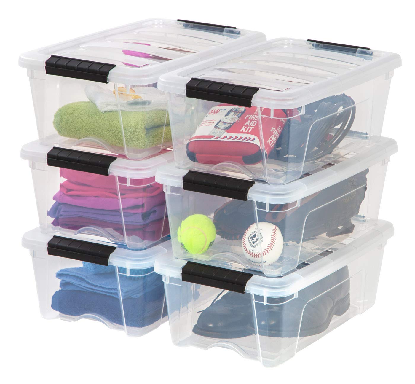 IRIS USA front view of six clear bins showing stackable convenience