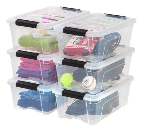 IRIS USA front view of six clear bins showing stackable convenience