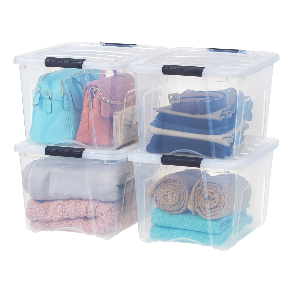 IRIS USA front view of six clear 40 quart bins showing stackable benefit