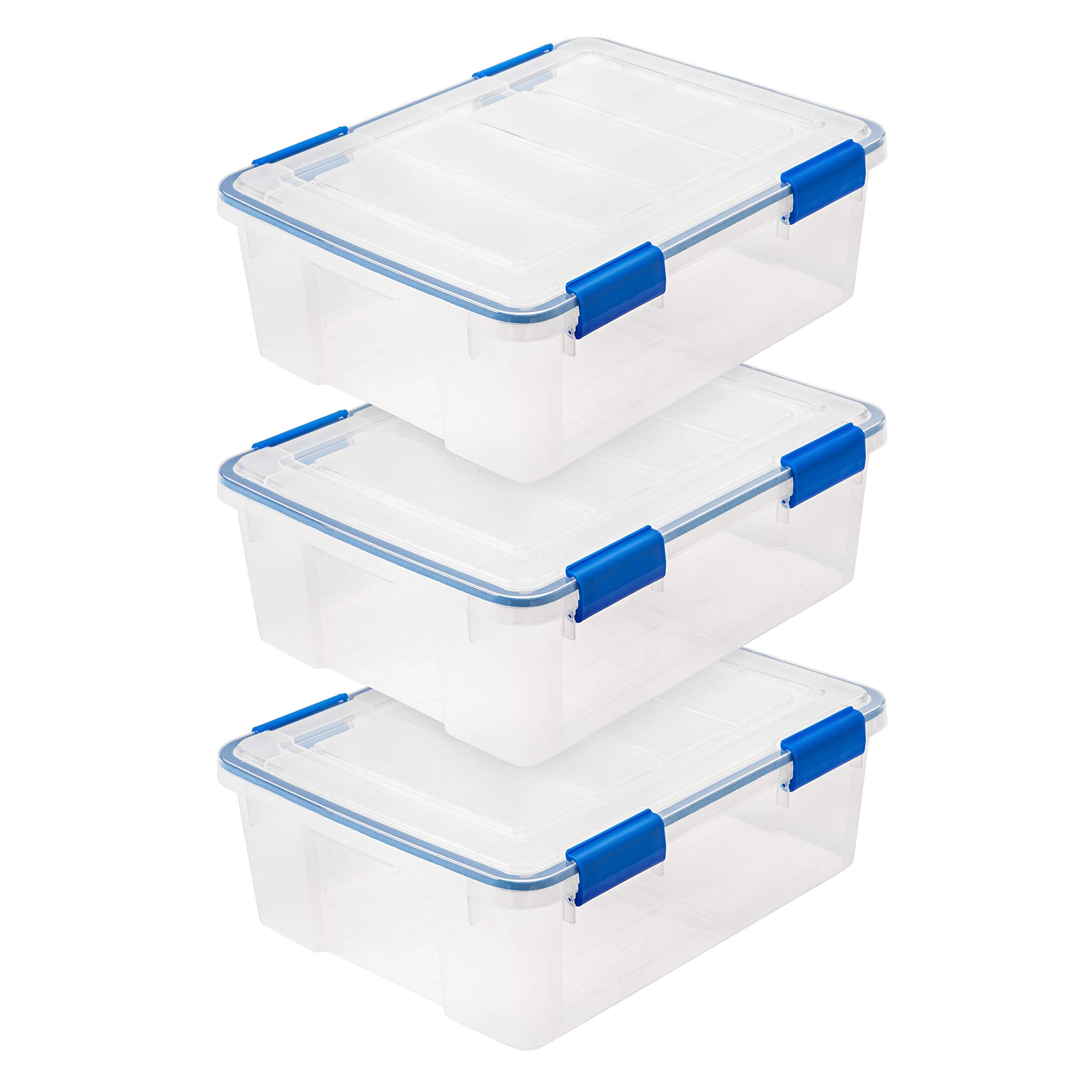 IRIS USA front view of three clear bins with blue gasket lids showing organization benefit