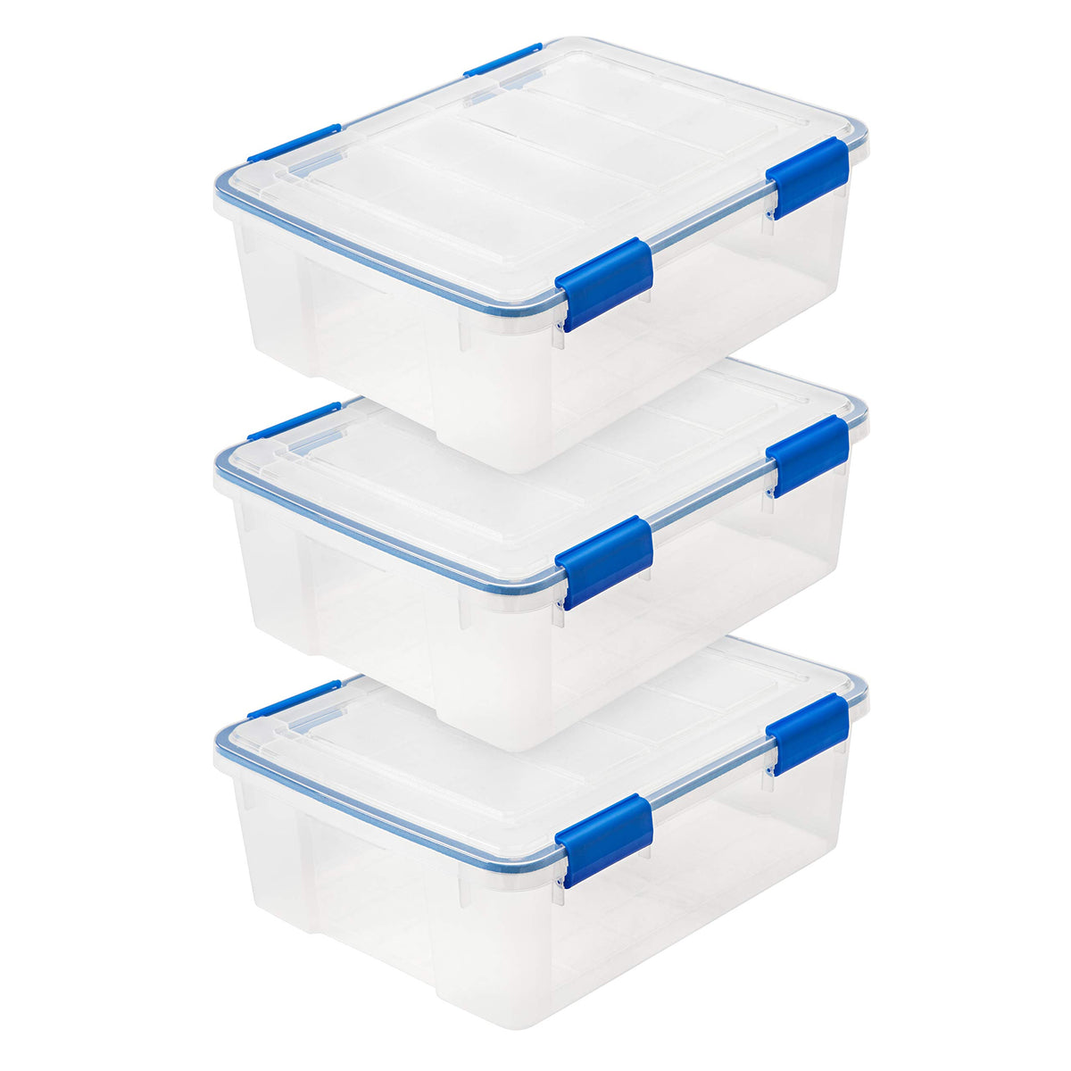 IRIS USA front view of three clear bins with blue gasket lids showing organization benefit