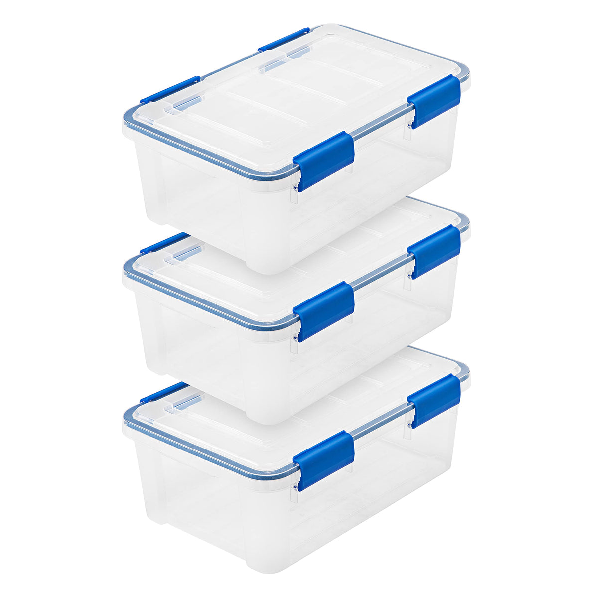 IRIS USA front-packaging clear blue showing three bins and secure lids
