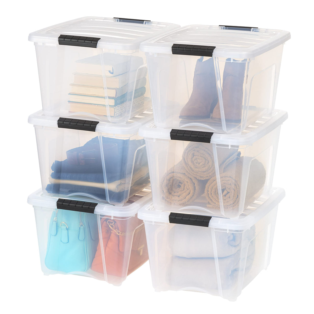 IRIS USA front view of 32-quart clear storage bin showing full pack and visibility benefit