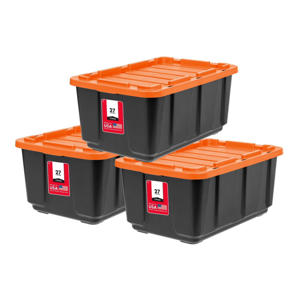 IRIS USA front view of three orange 27-gallon totes showing size and color benefit