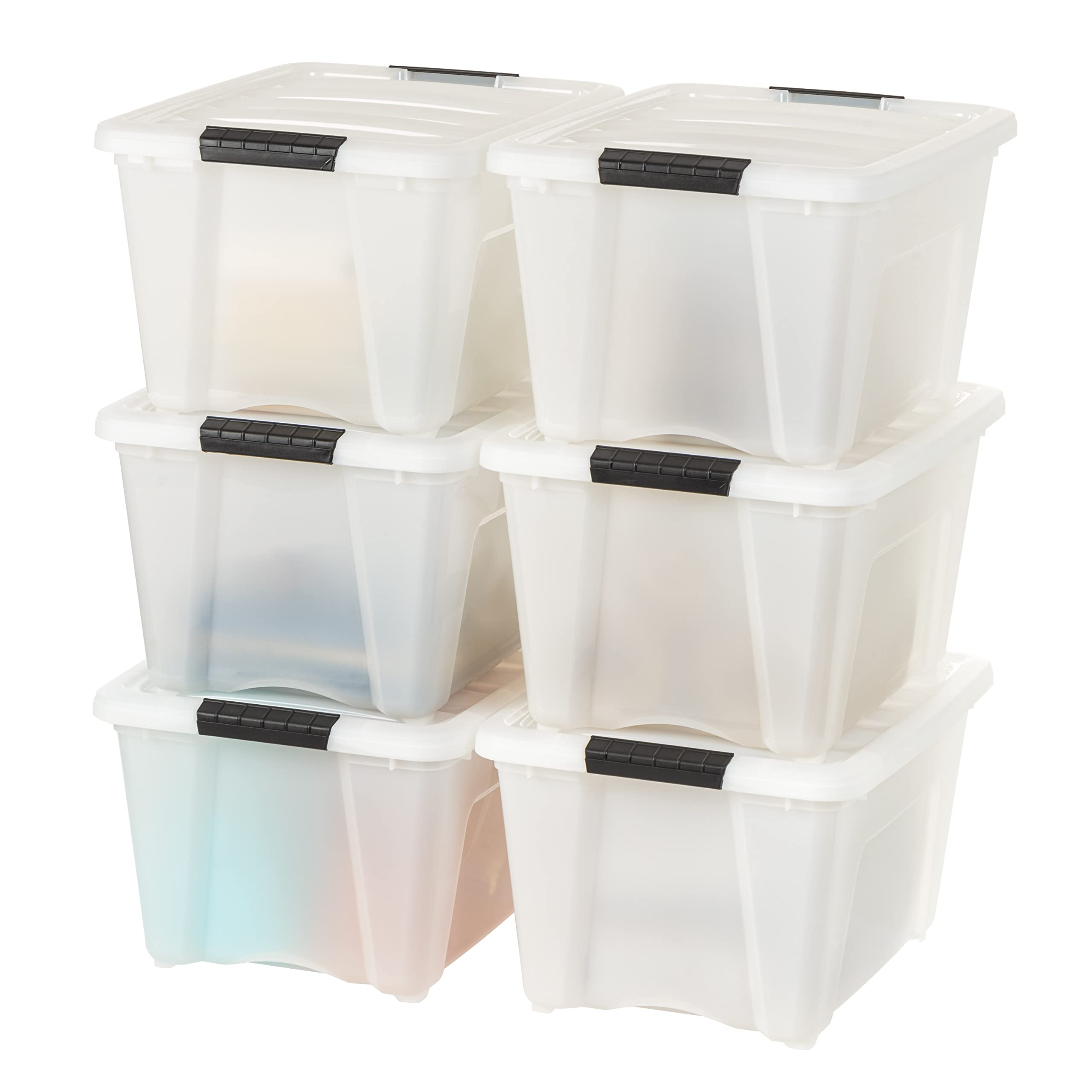 IRIS USA front view of six pearl storage bins showing neat stackable set