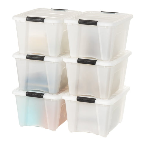 IRIS USA front view of six pearl storage bins showing neat stackable set