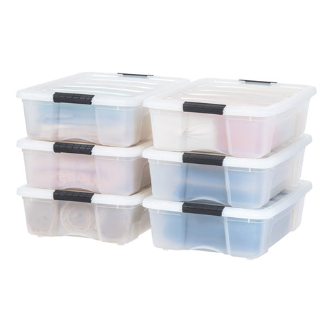 IRIS USA front view of six pearl bins showing neat storage benefit