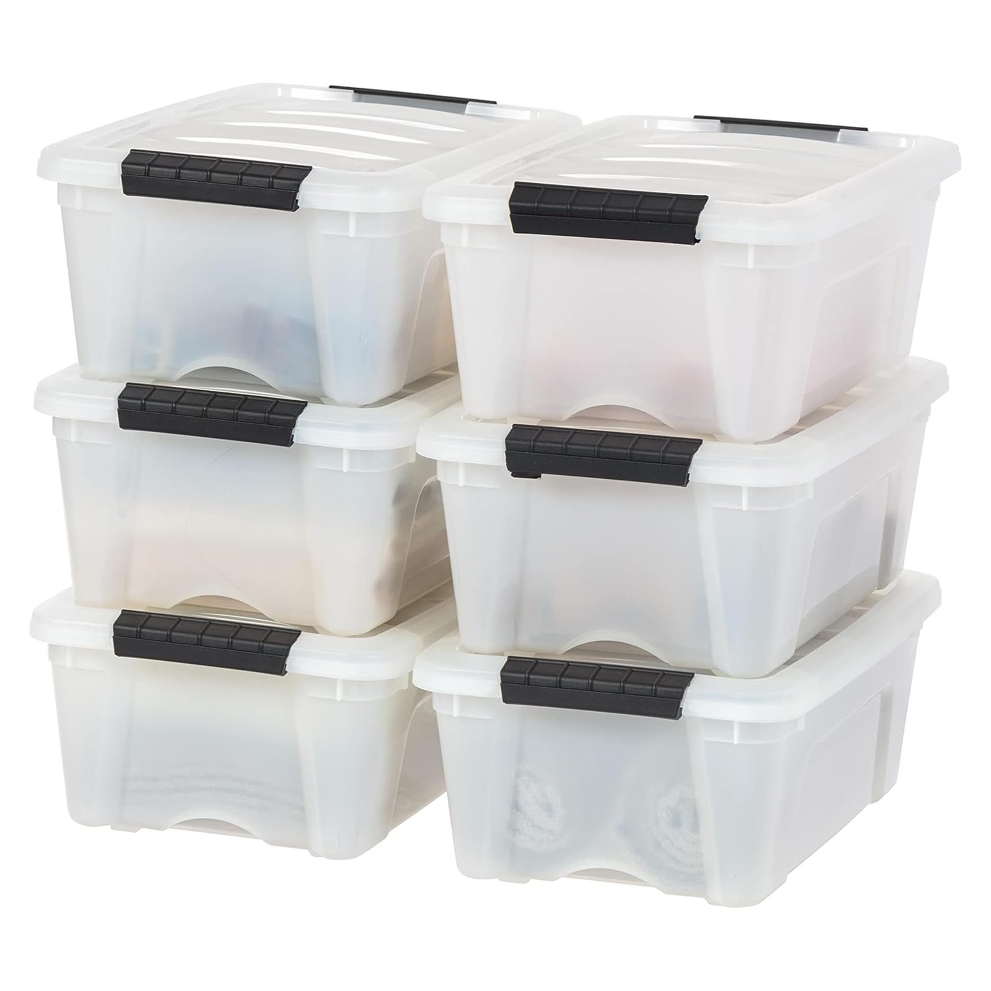 IRIS USA front view of six pearl bins showing tidy storage benefit